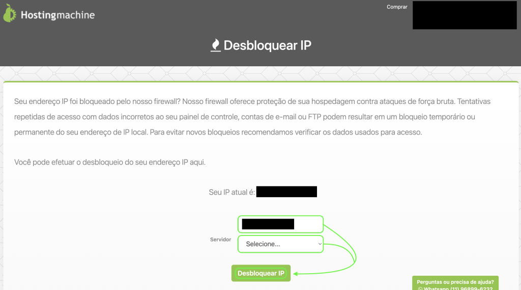 Representação da página "Desbloquear IP"