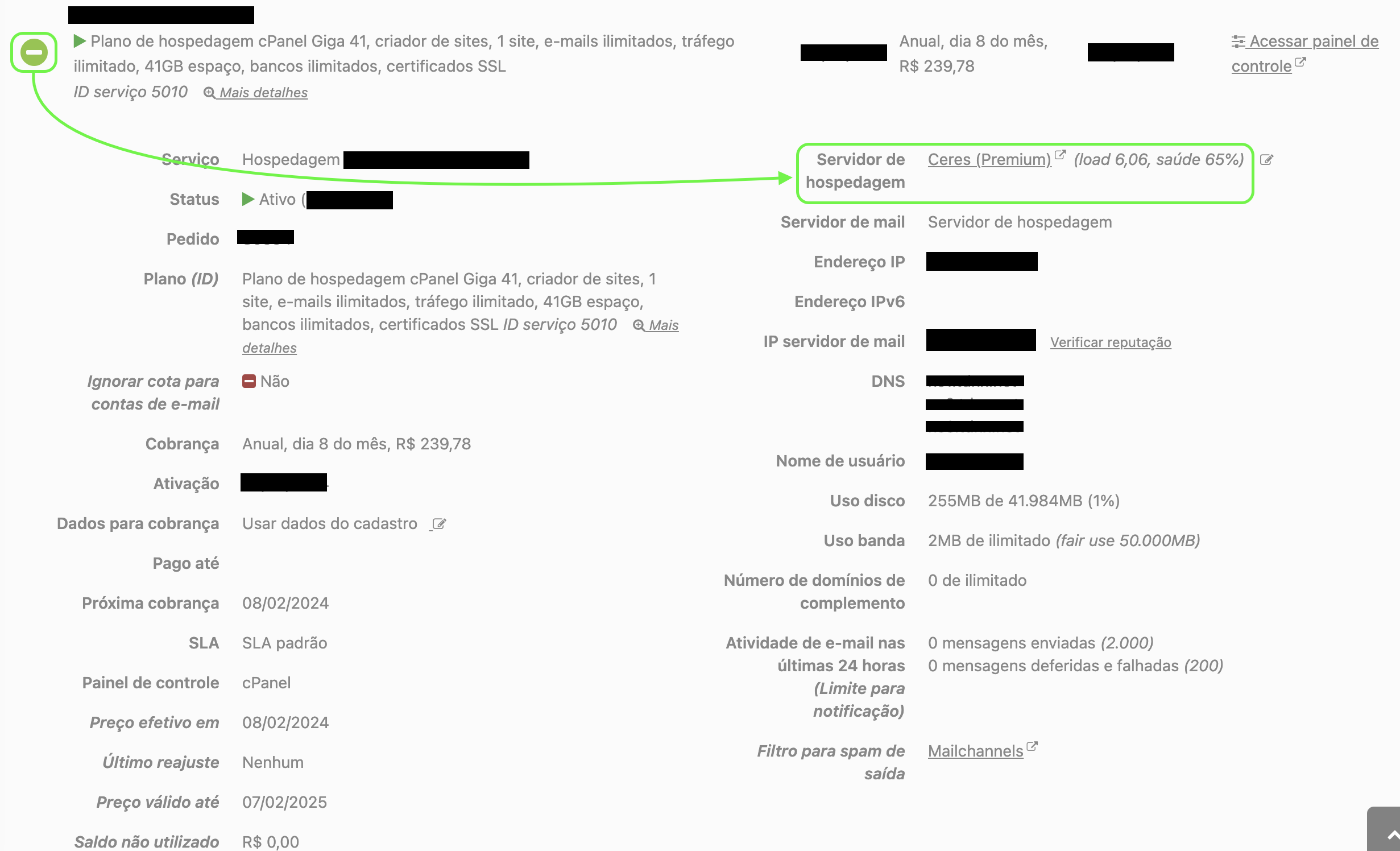 Representação da localização do botão de descrição de plano e onde está localizado o nome do servidor da hospedagem