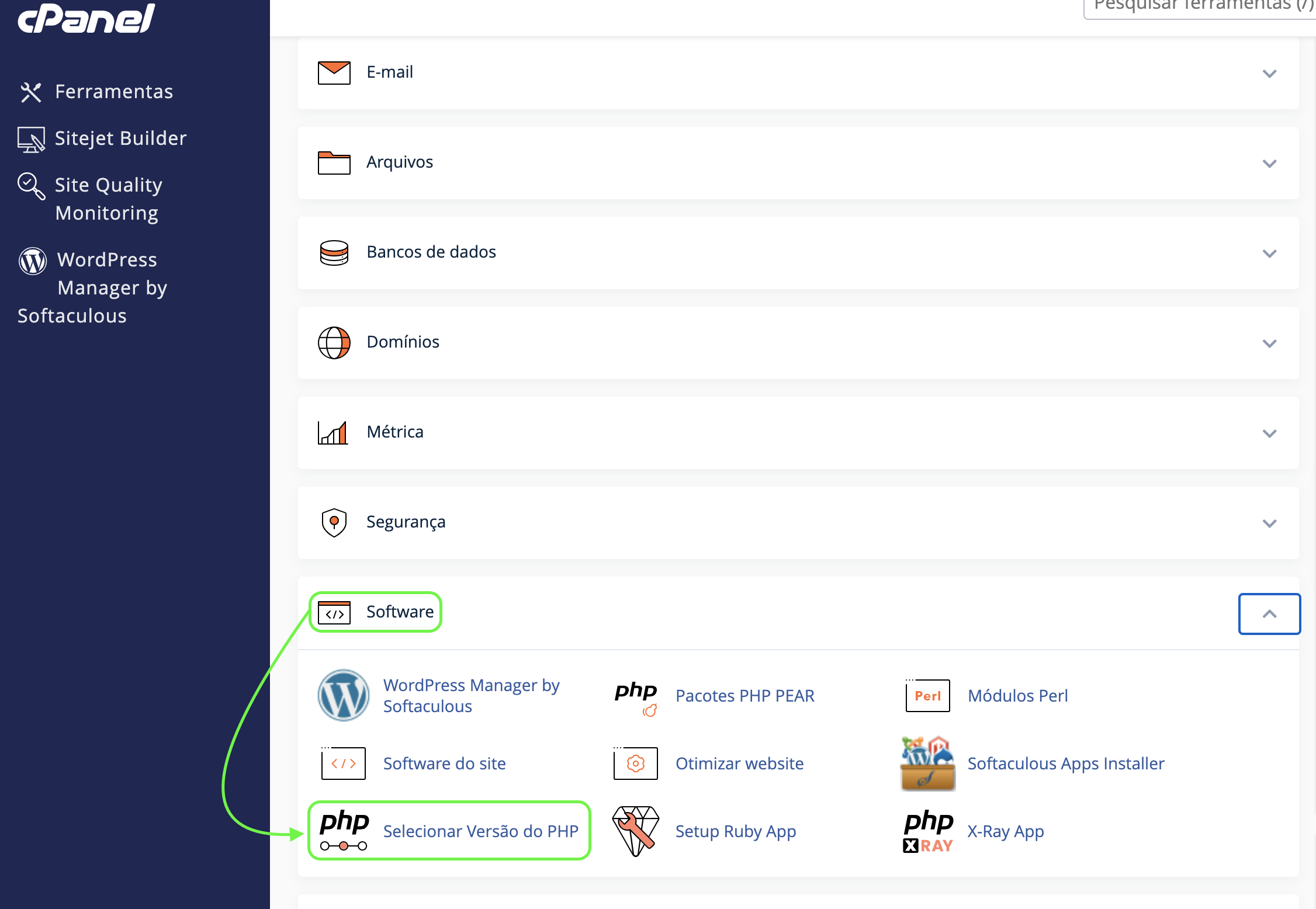Representação da tela inicial do painel de controle e a localização da aba "Software" e da opção "Selecionar versão do PHP"