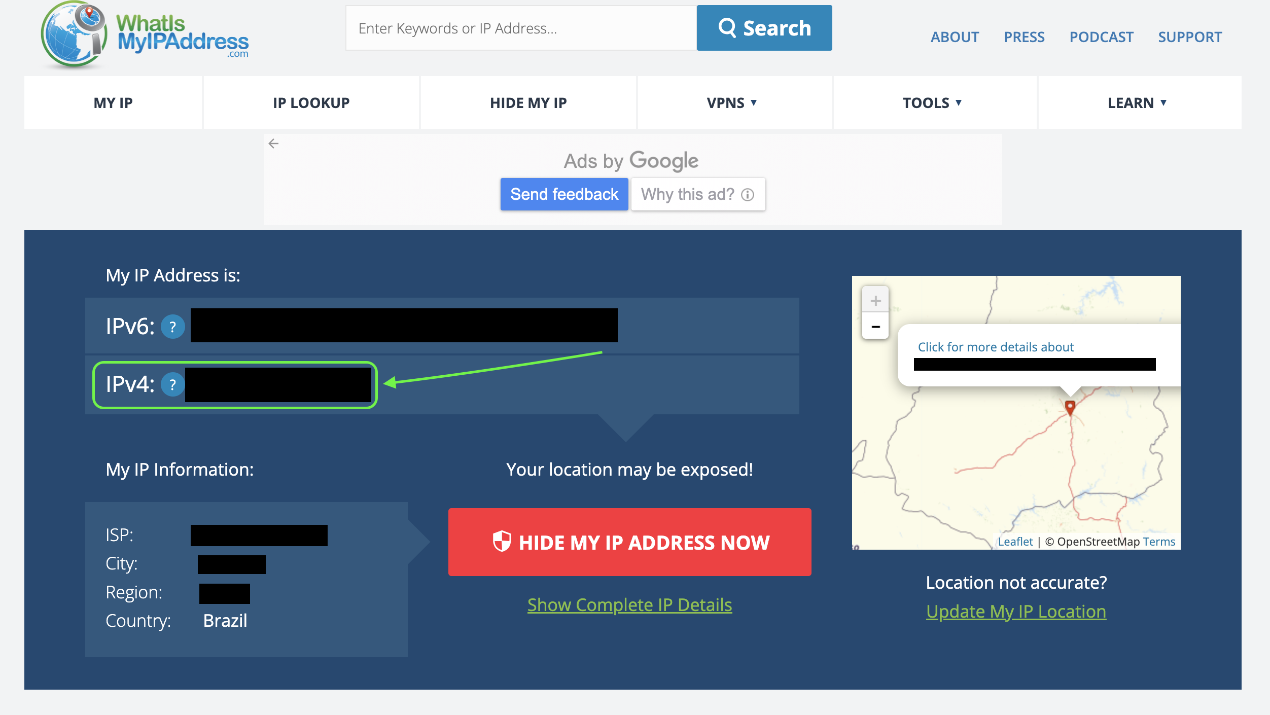 Representação da tela do "What is my IP address" e qual IP deve ser copiado