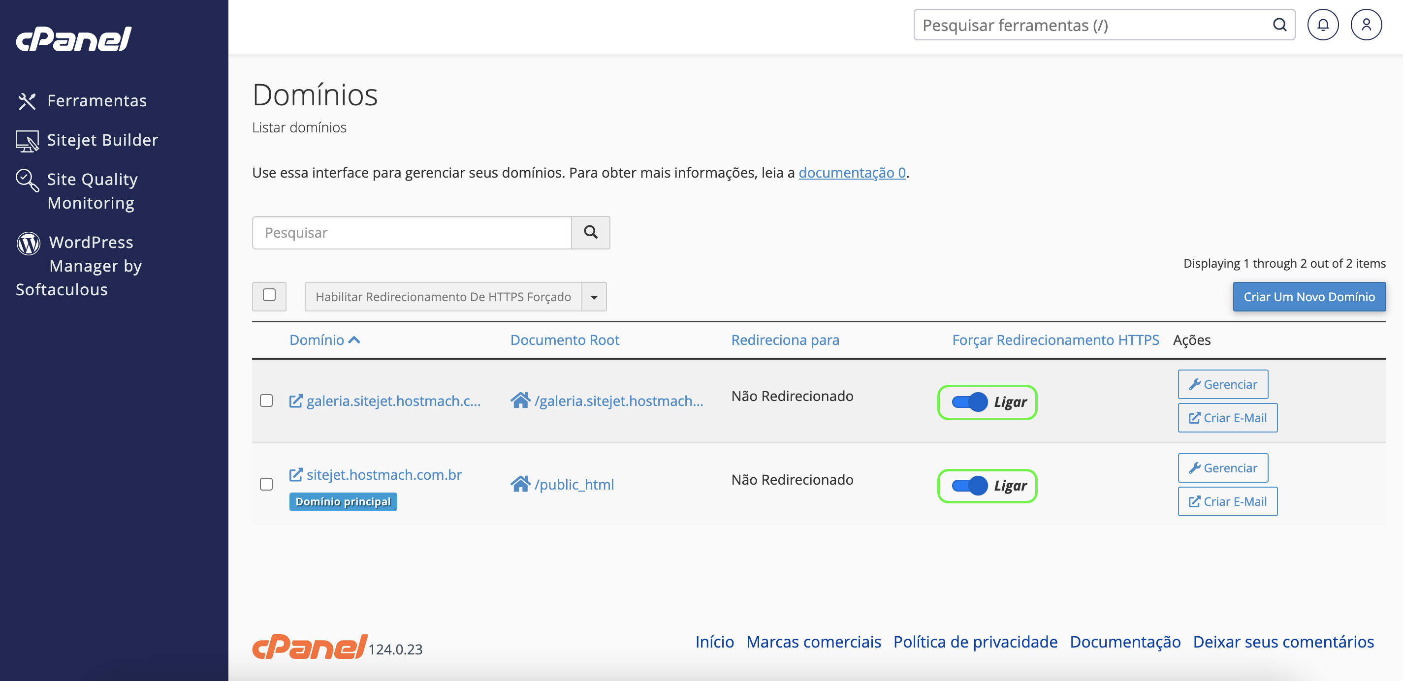 Representação do botão "Forçar redirecionamento HTTPS"
