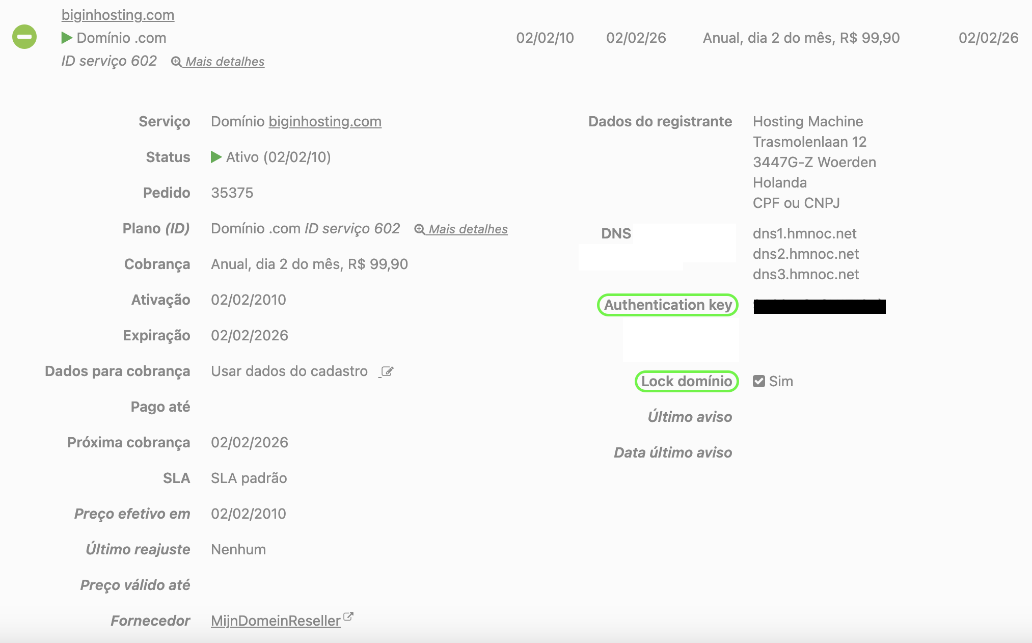 Representação da localização do código de autorização e o status do Lock