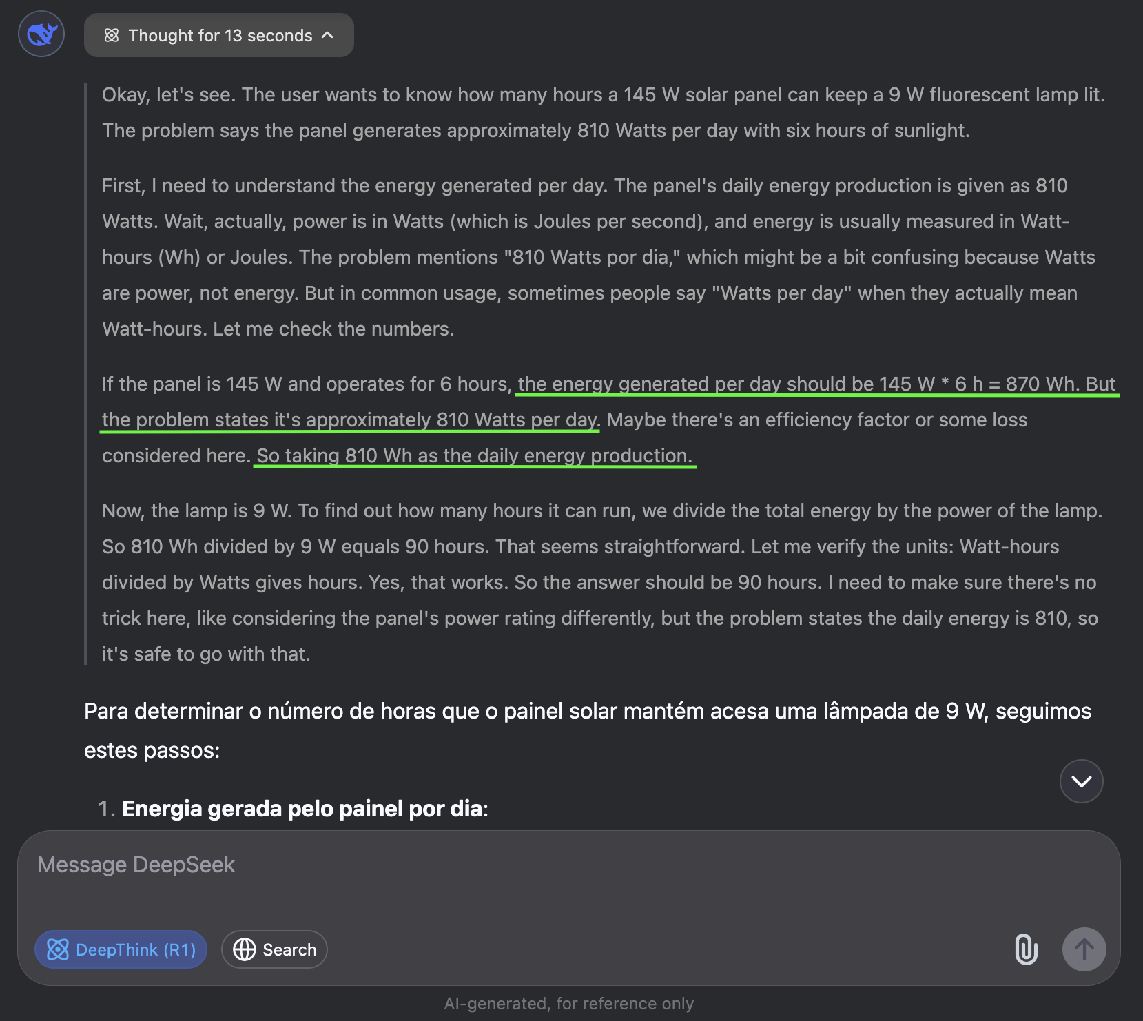 Resposta e a resolução do DeepSeek 1