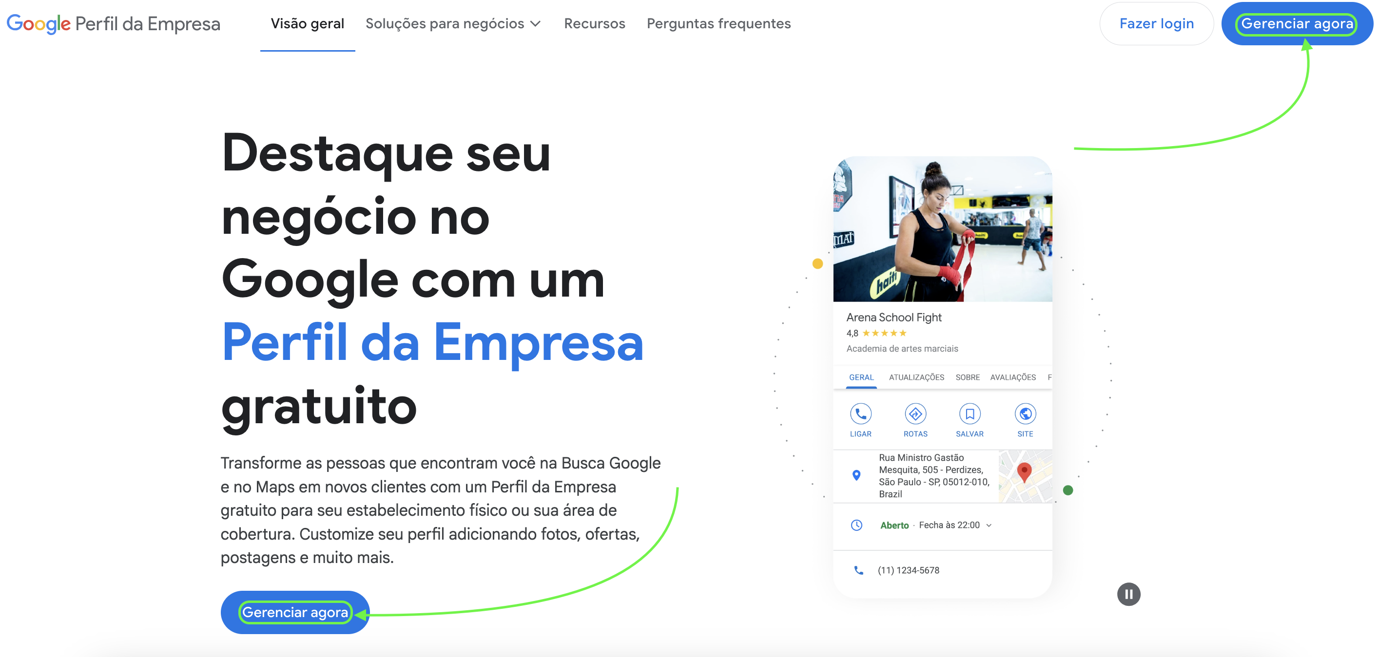 Representação da localização do botão "Gerenciar agora"