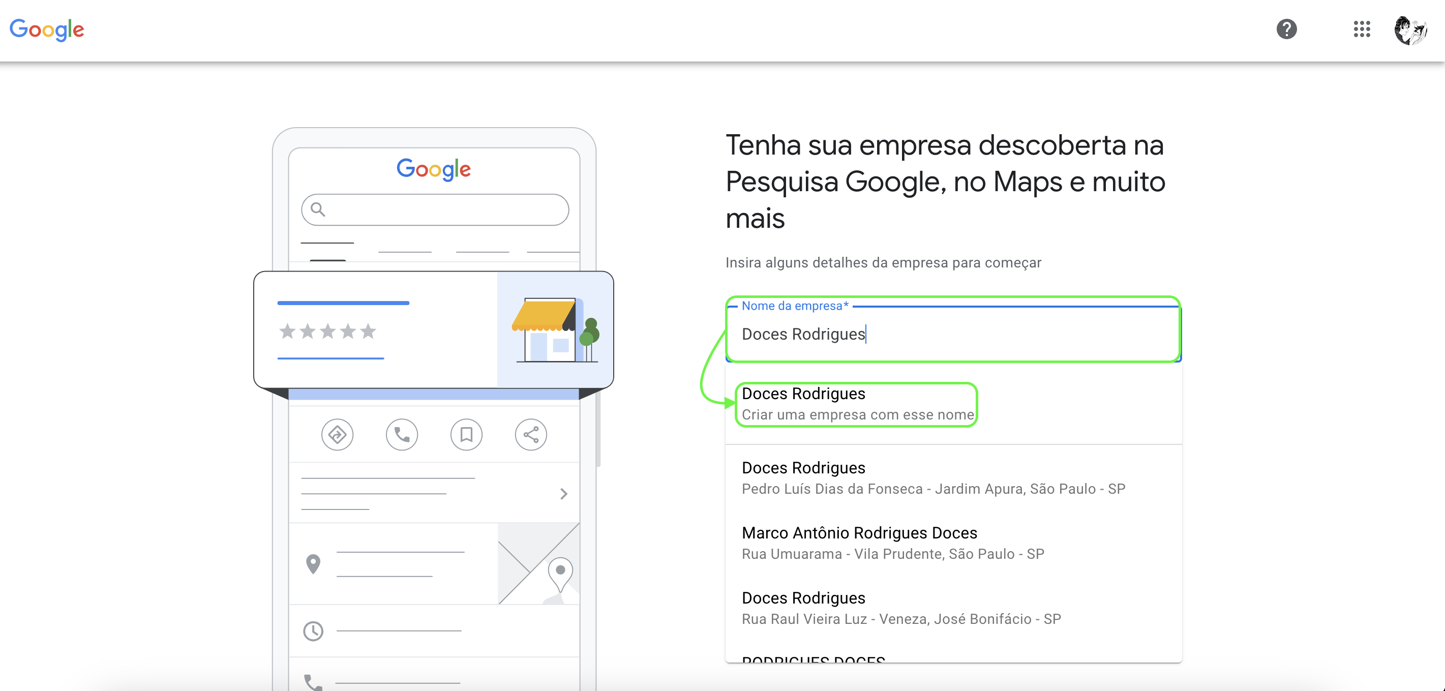 Representação da localização da opção "Criar uma empresa com esse nome"