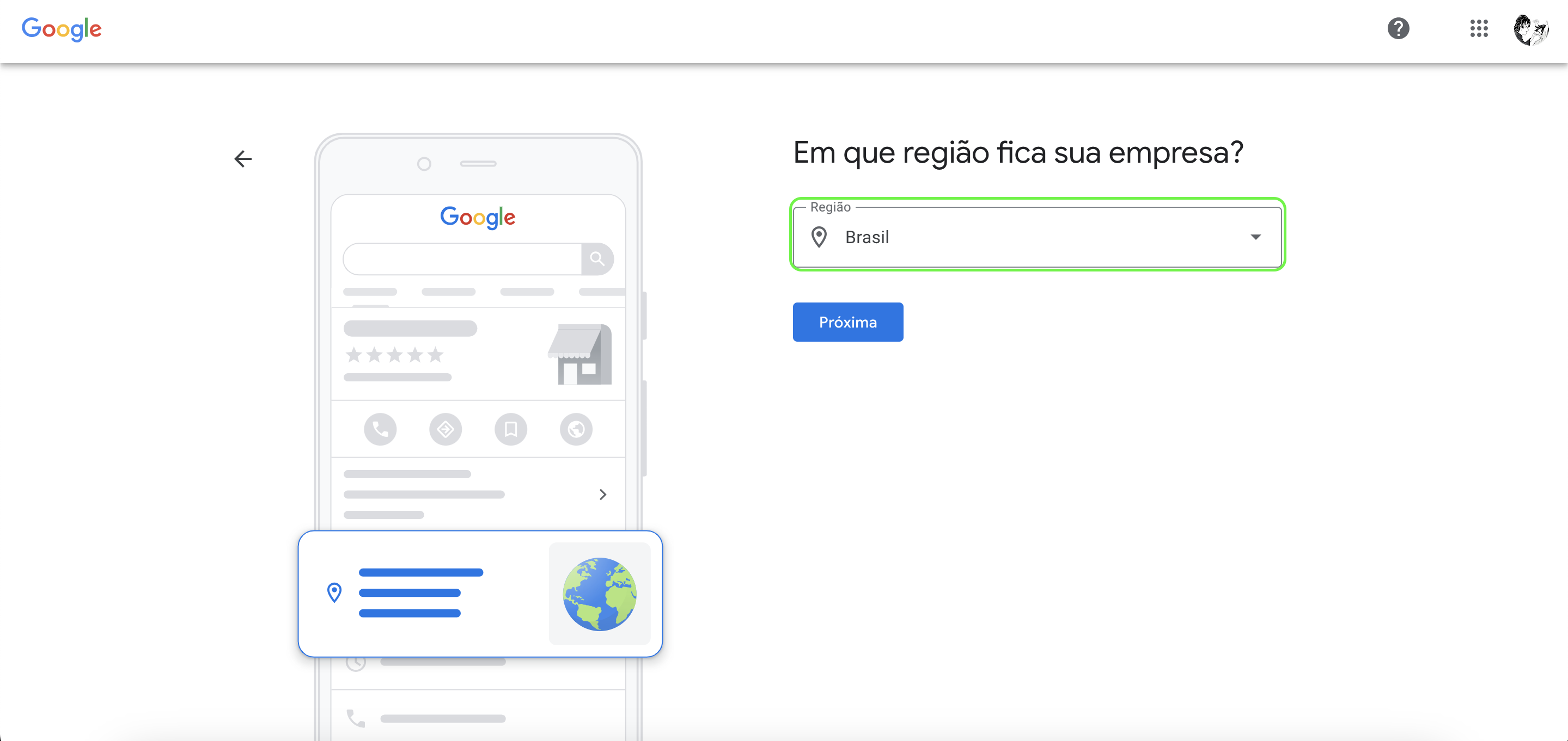 Representação da localização para selecionar o país da empresa