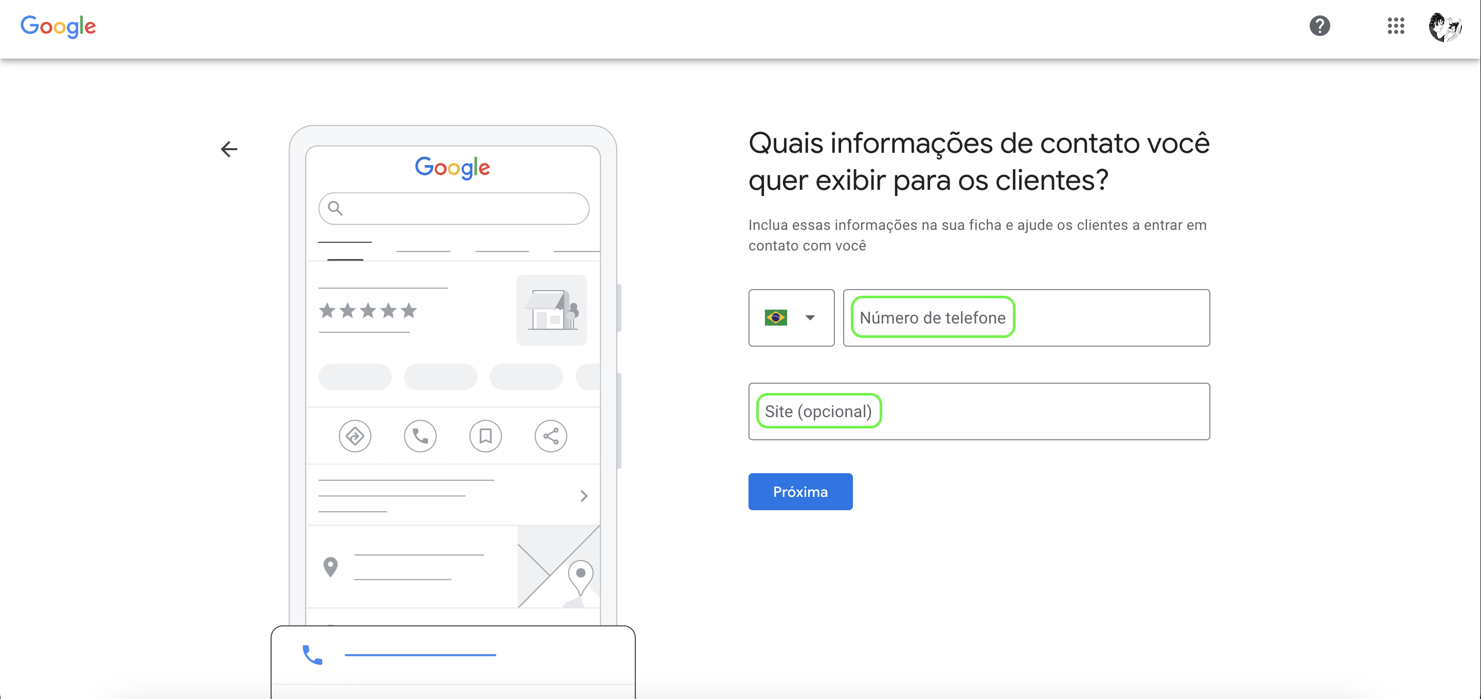 Representação dos campos de telefone e site