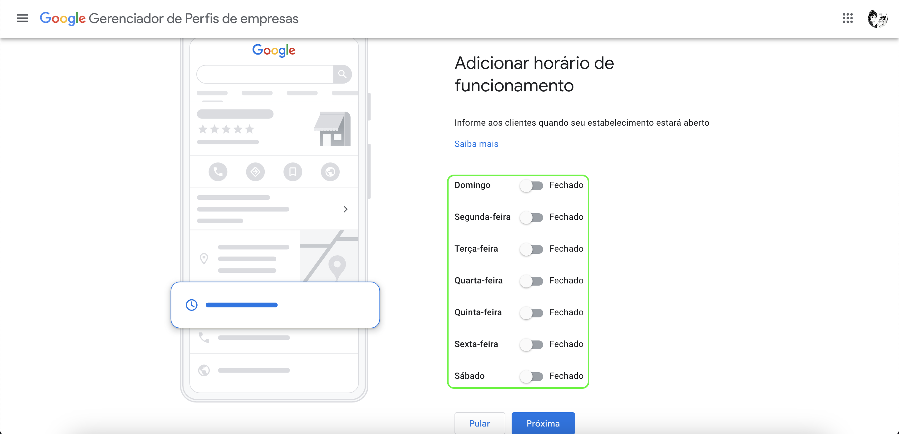 Representação das opções de dias de negócios 