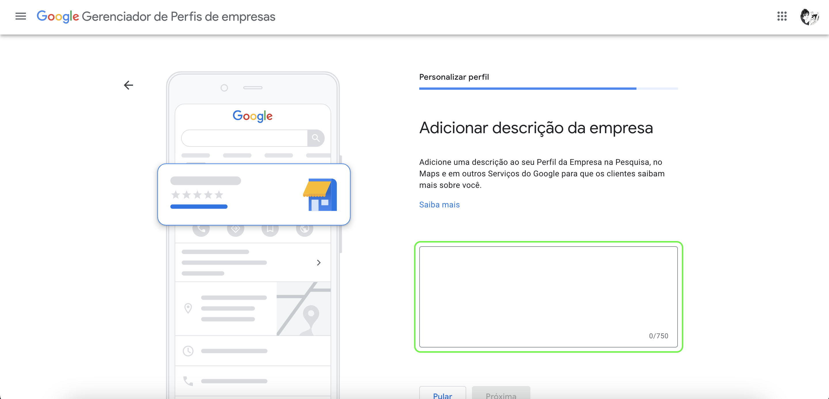 Representação da localização do campo para a descrição do negócio 