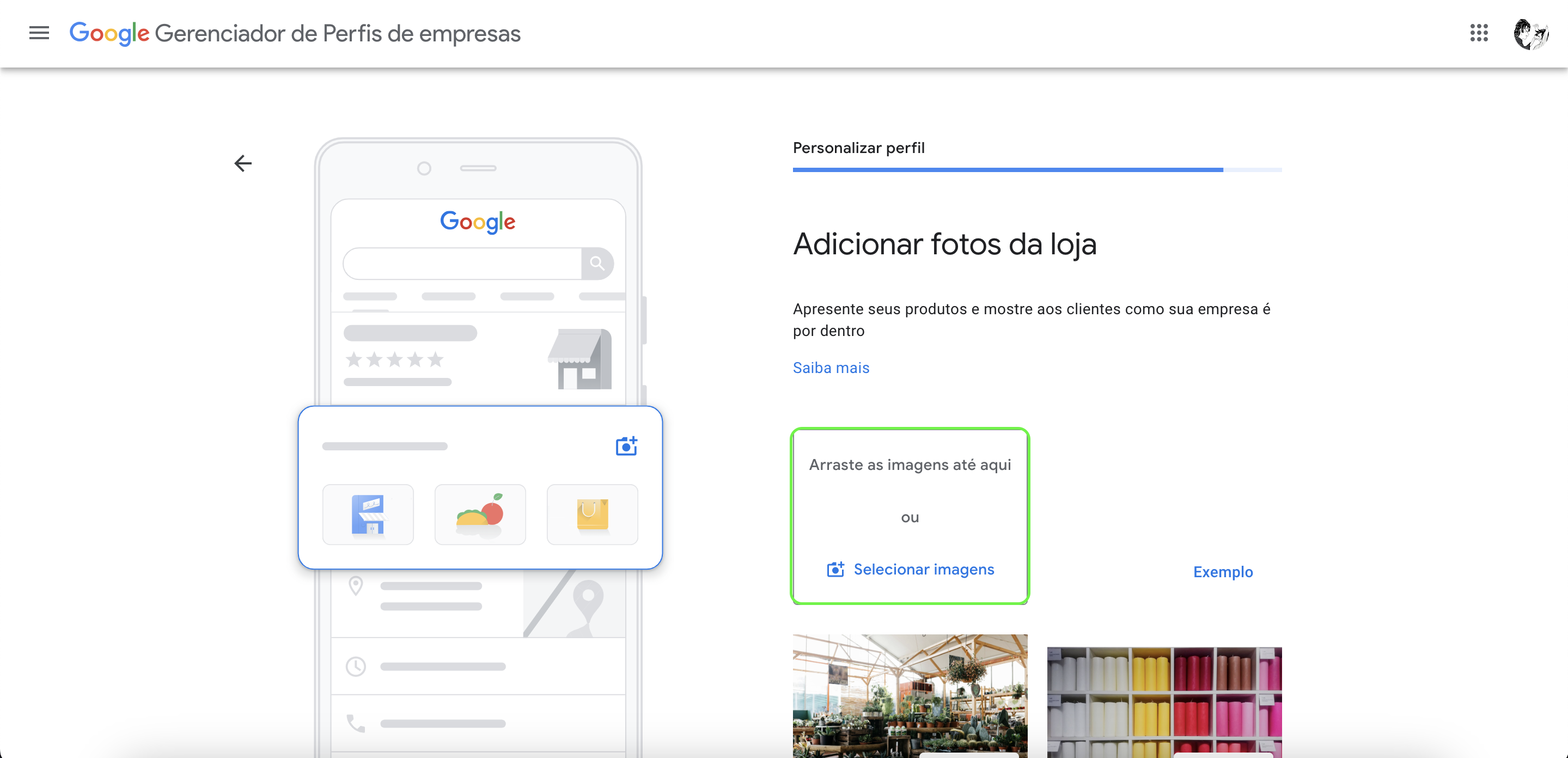 Representação da localização onde você adiciona as fotos