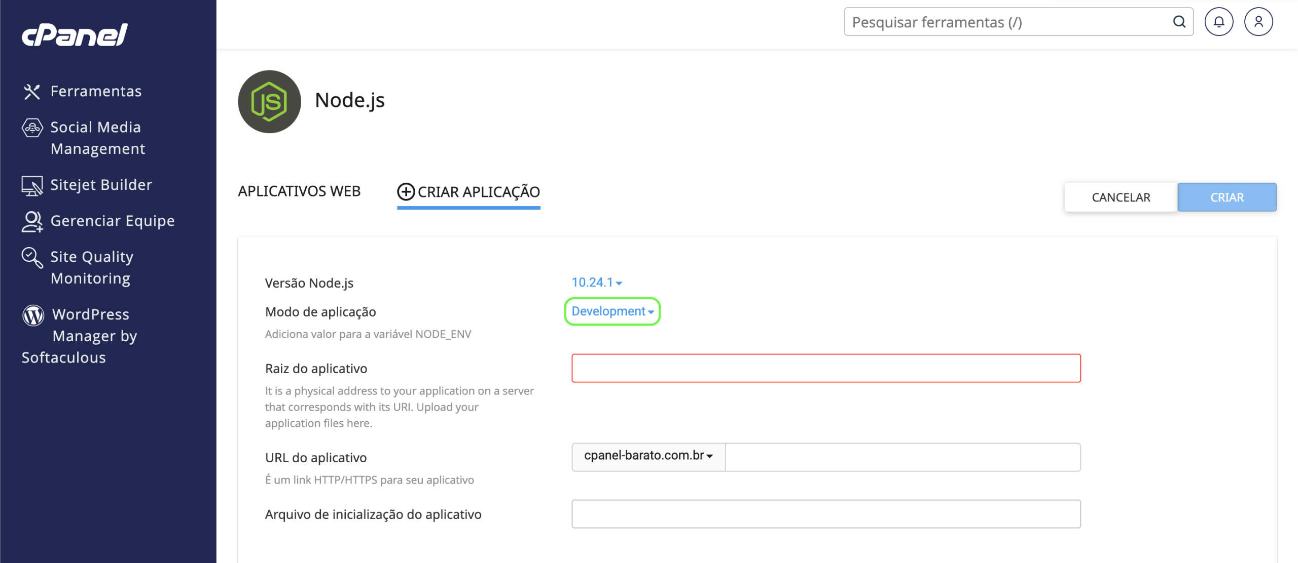 Representação da localização do campo de escolha de modo da aplicação 