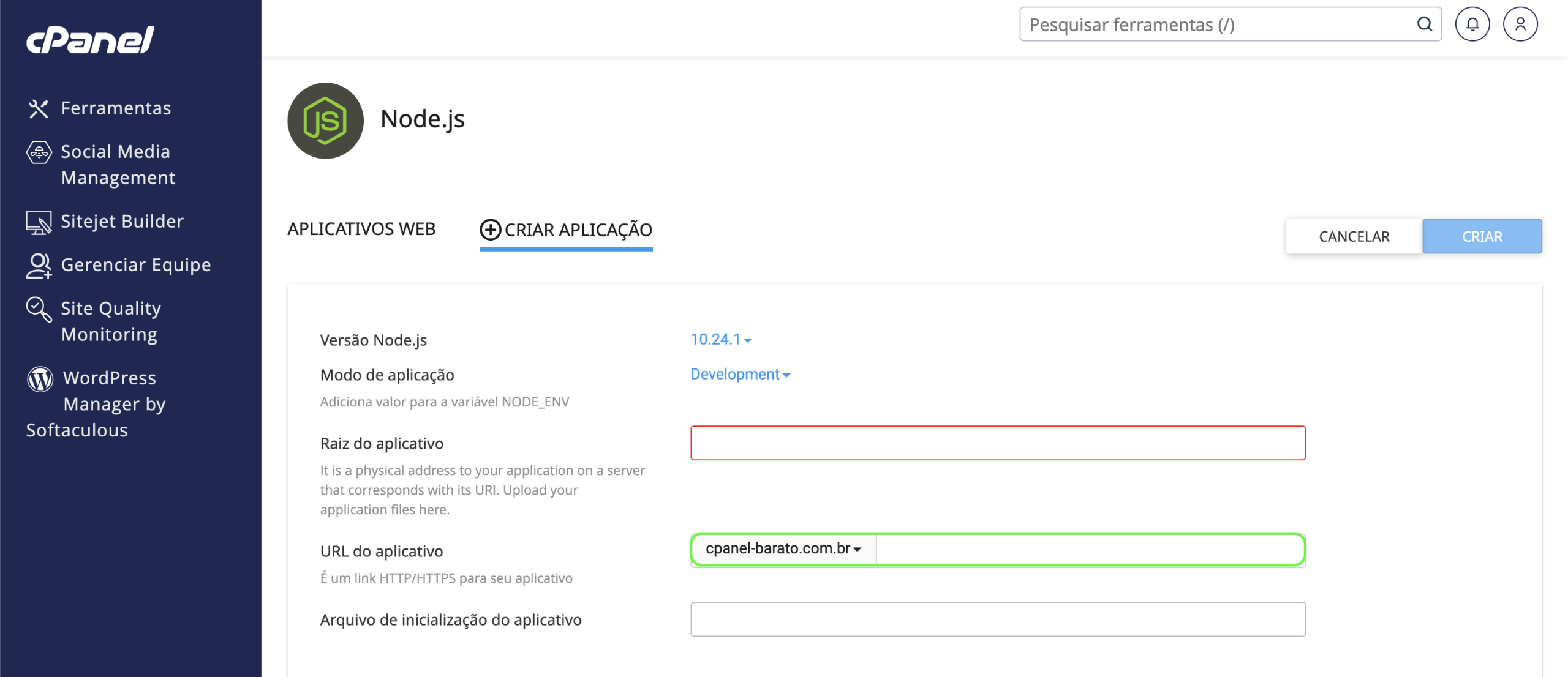 Representação da localização do campo de URL da aplicação