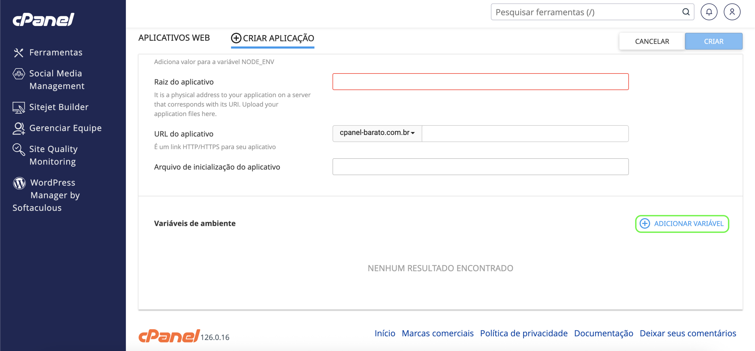 Representação da localização do campo de criação de variáveis 