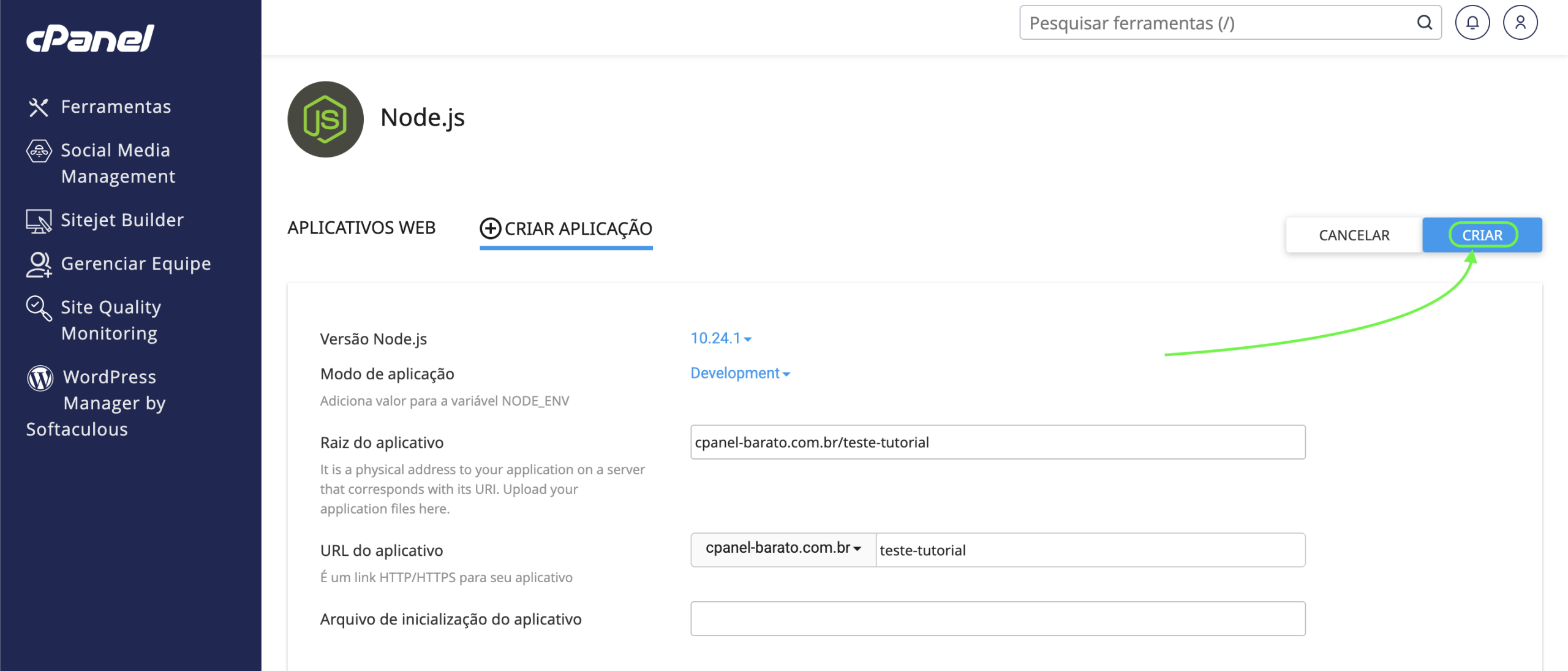 Representação da localização do botão "Criar"