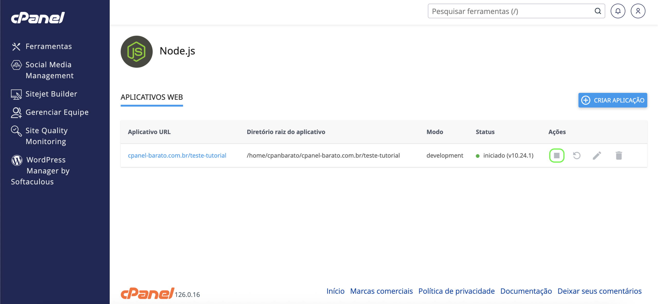 Representação do botão de parar/iniciar 