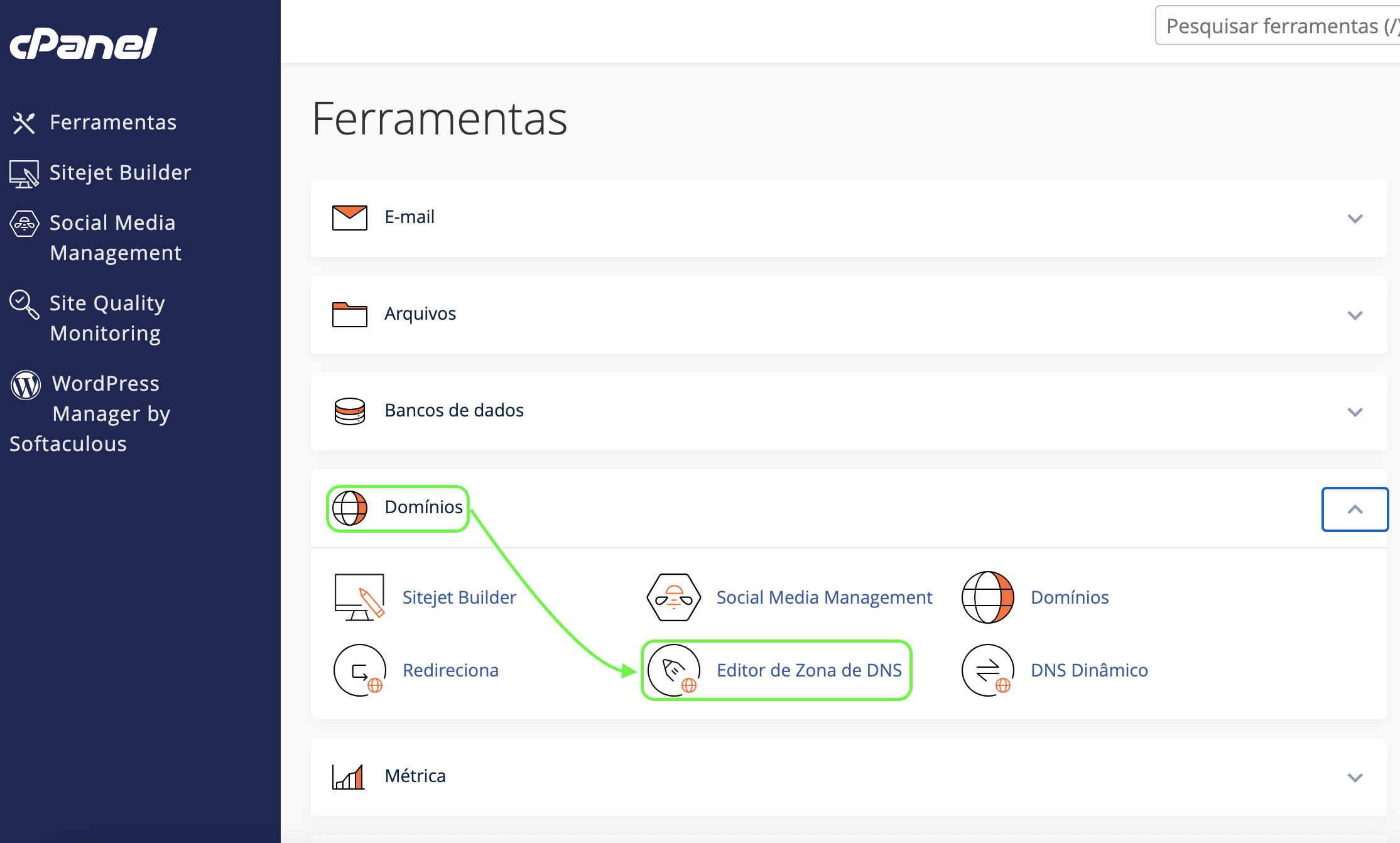 Representação da localização da aba "Dominio" e da opção "Editor de Zona de DNS"