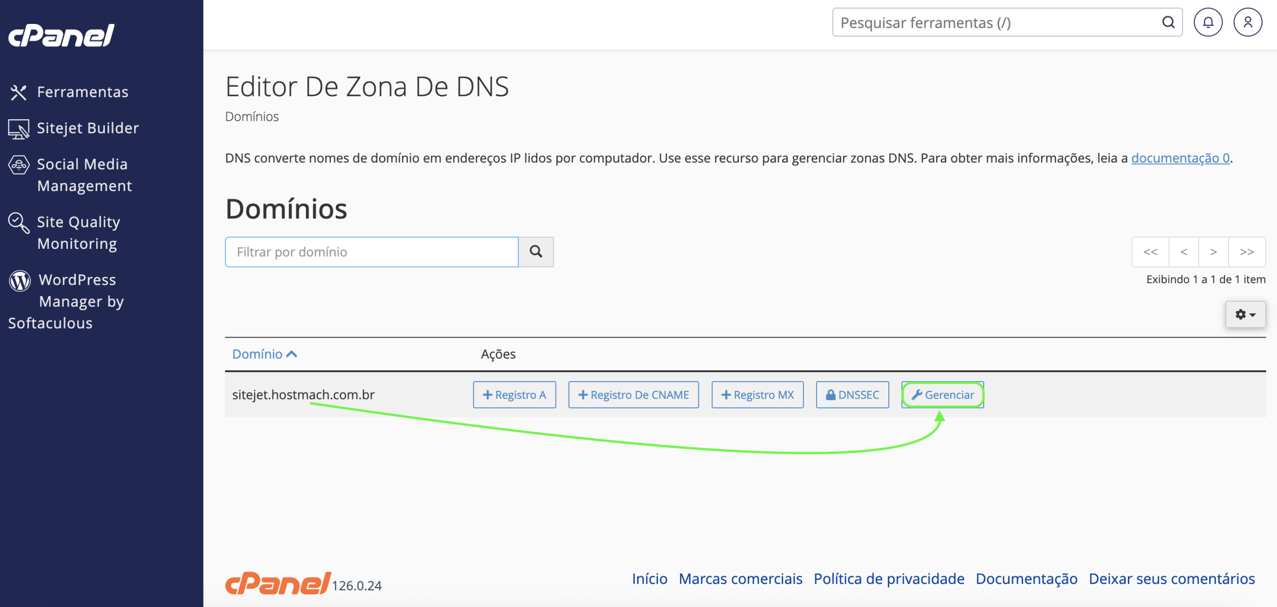 Representação da localização da opção "Gerenciar"