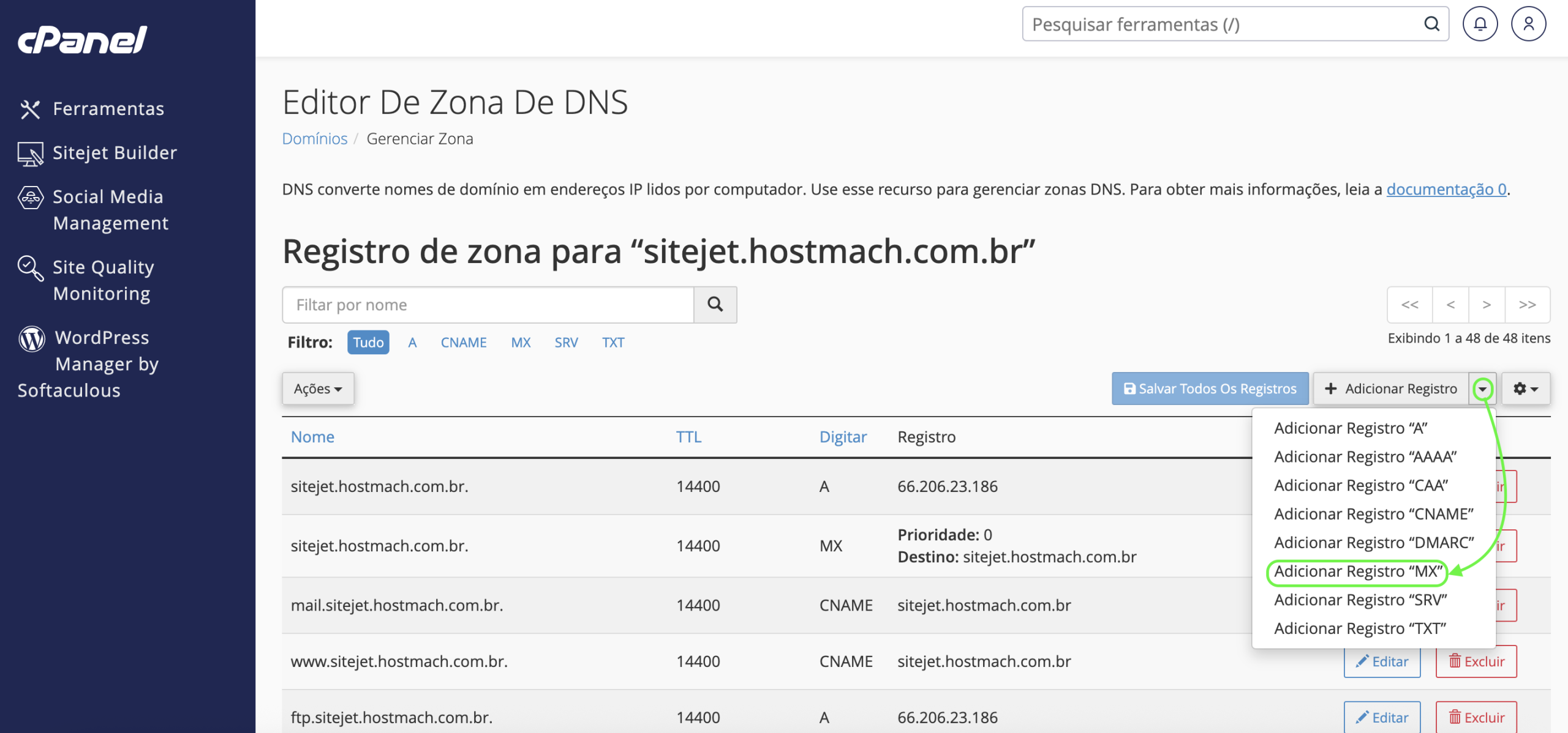 Representação da localização da opção "Adicionar registro MX"