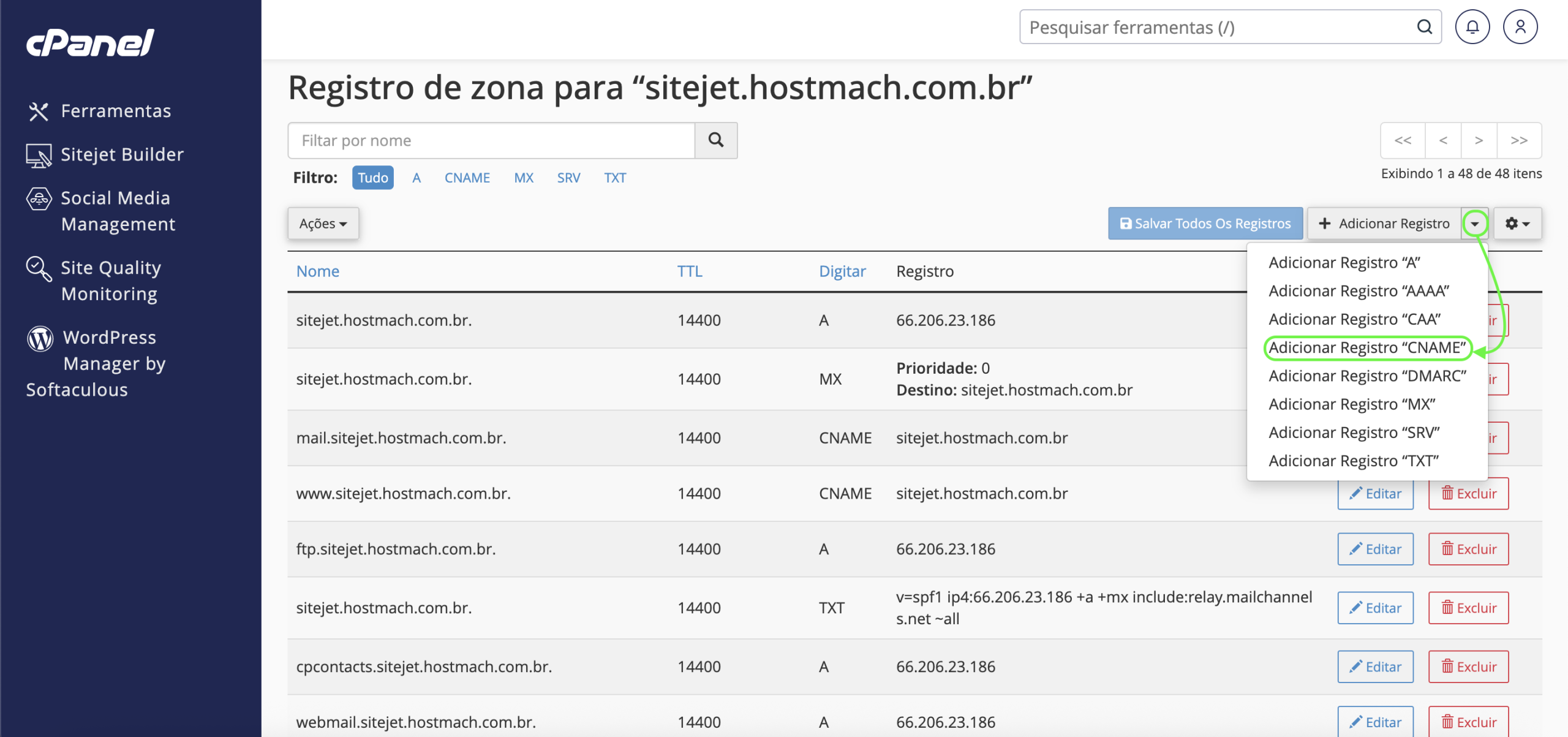 Representação da localização da opção "Adicionar registro CNAME"