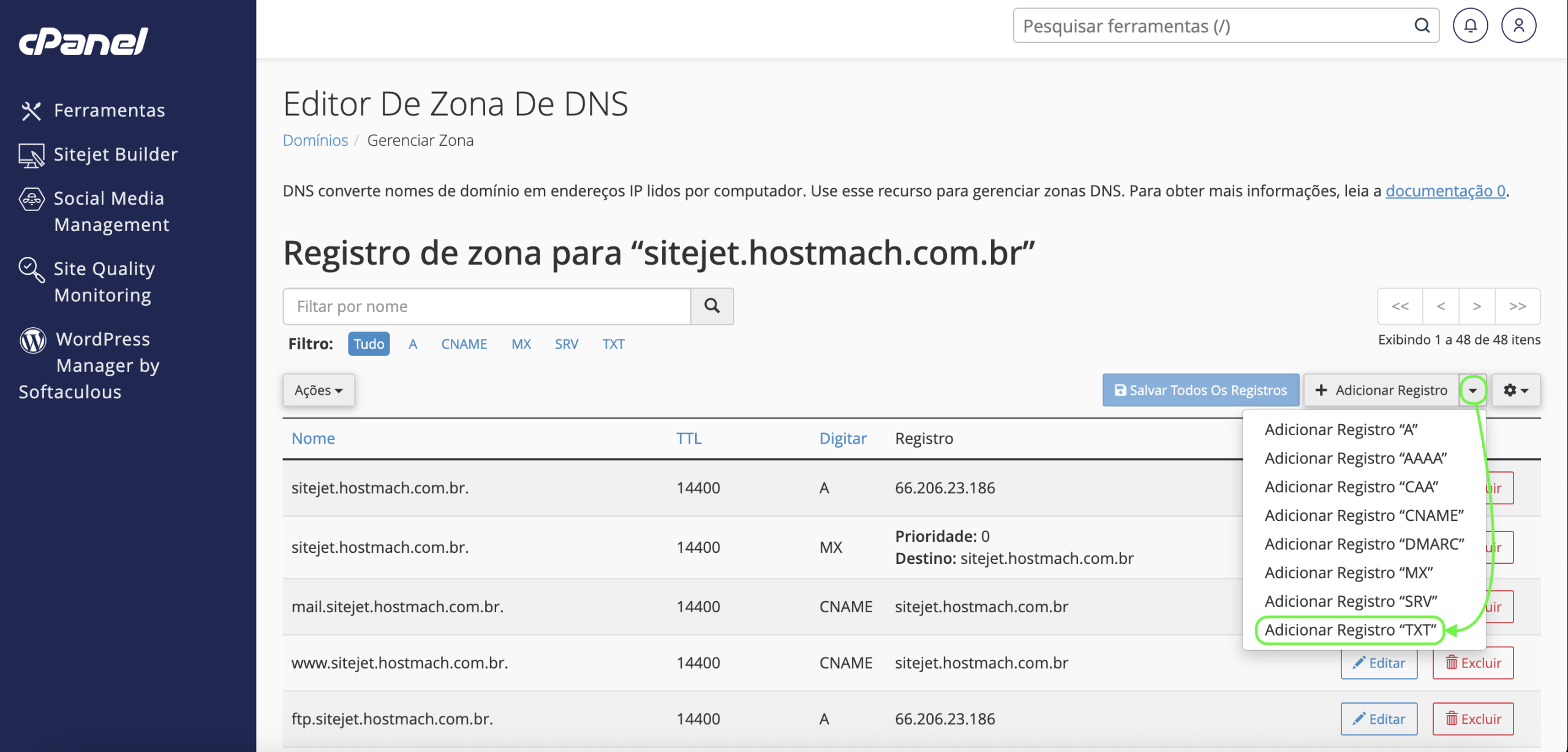 Representação da localização da opção "Adicionar registro TXT"