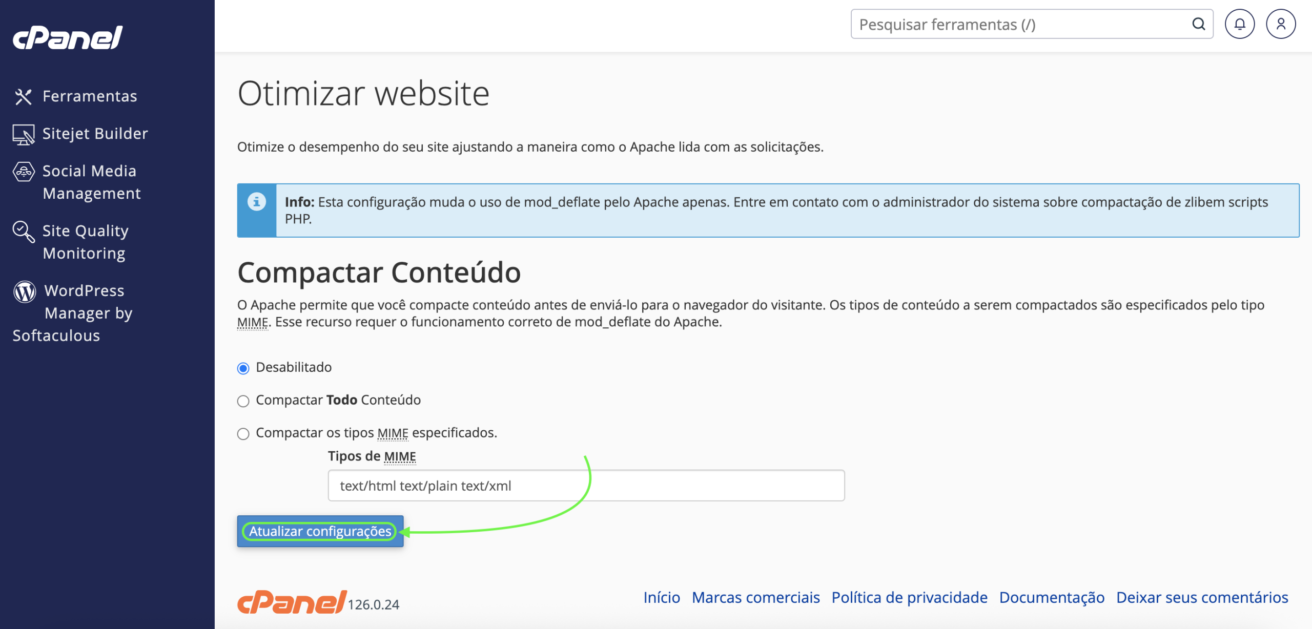 Representação da localização do botão "Atualizar configurações"