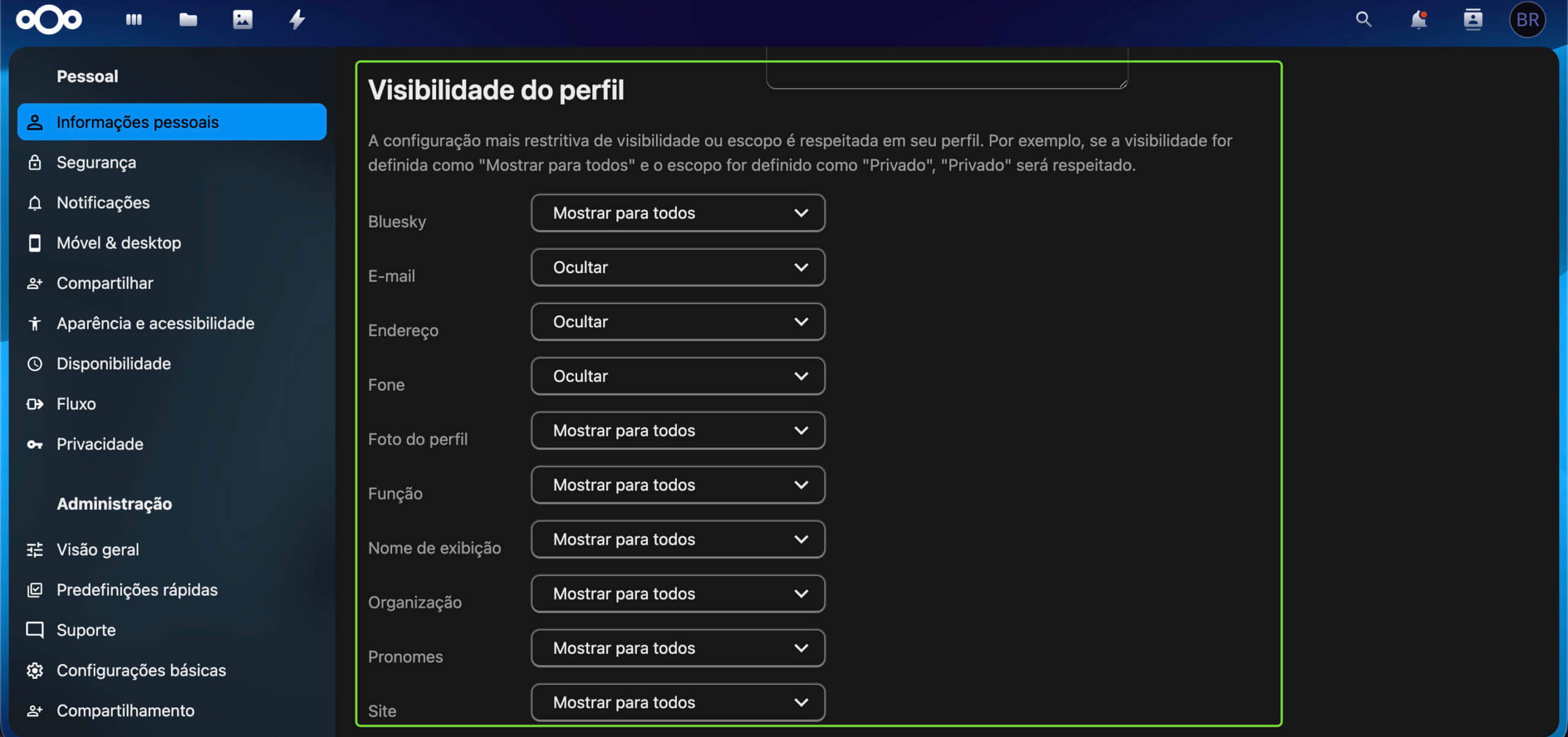 Representação de "Visibilidade do perfil"