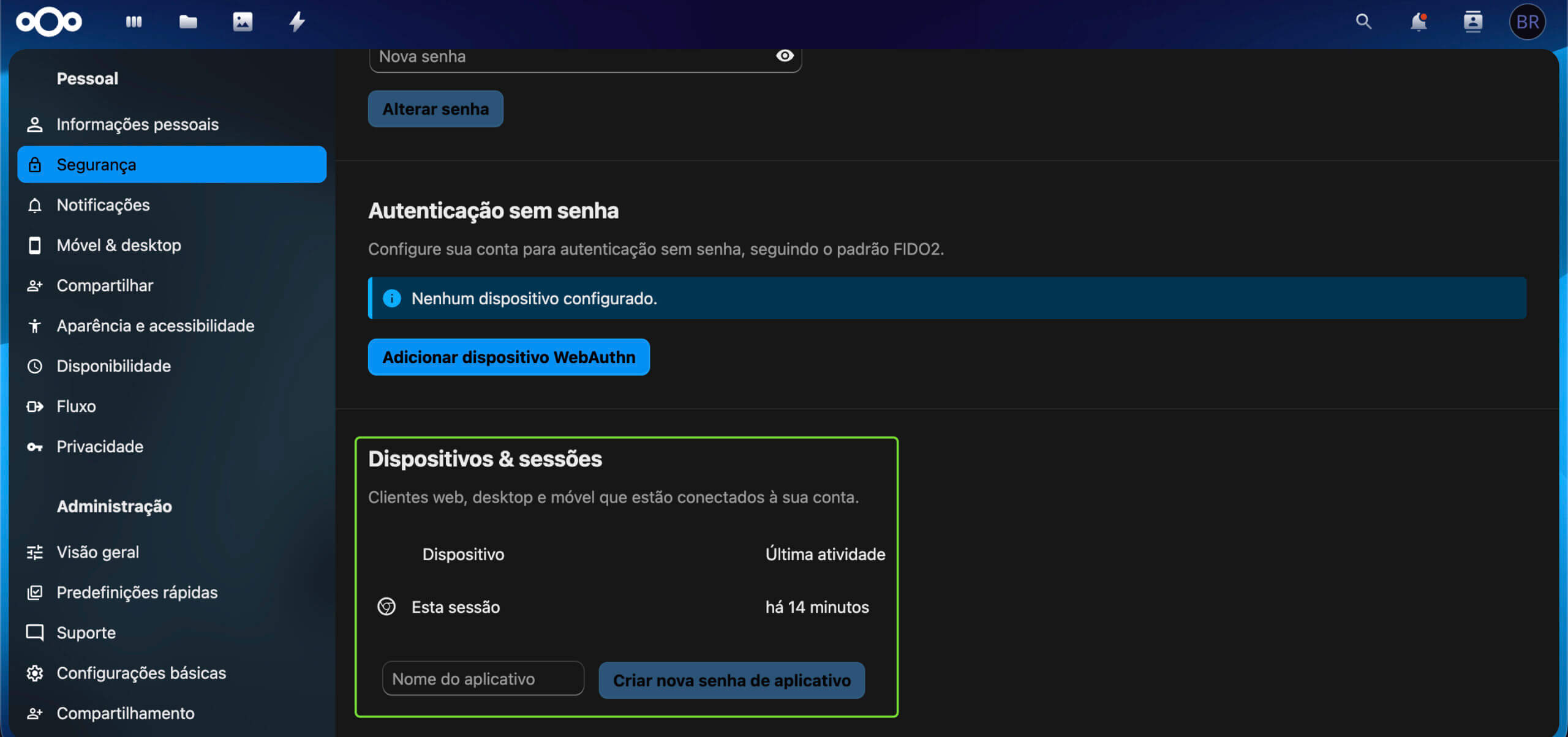 Representação da localização "Dispositivos & sessões"