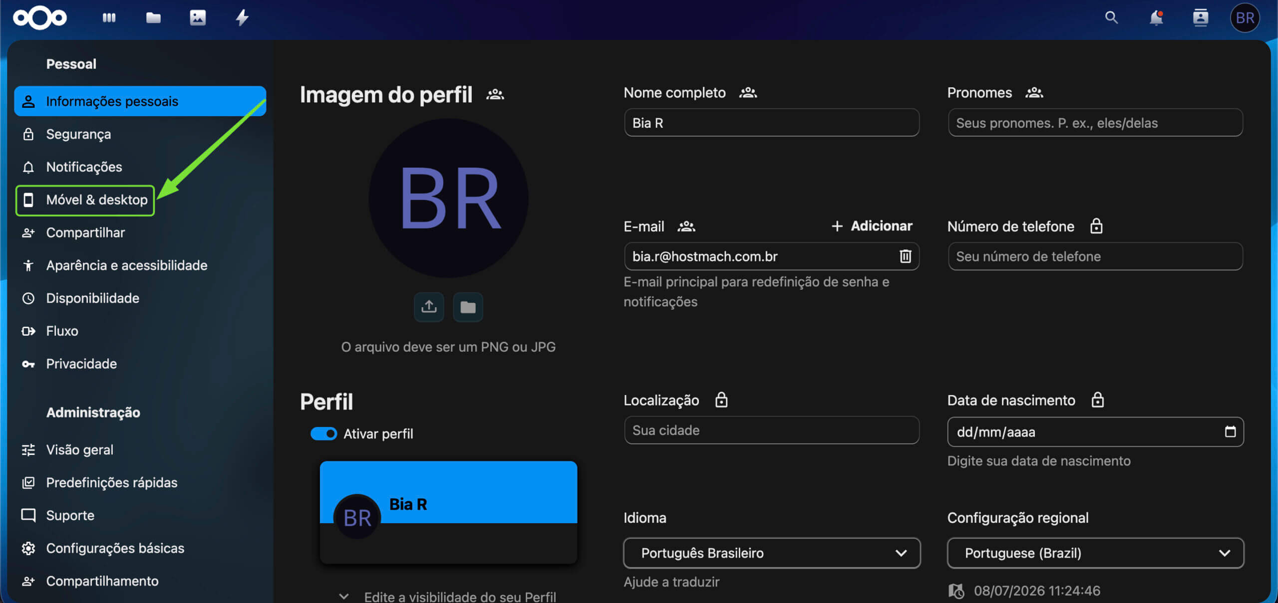 Representação da localização da opção "Móvel & desktop"