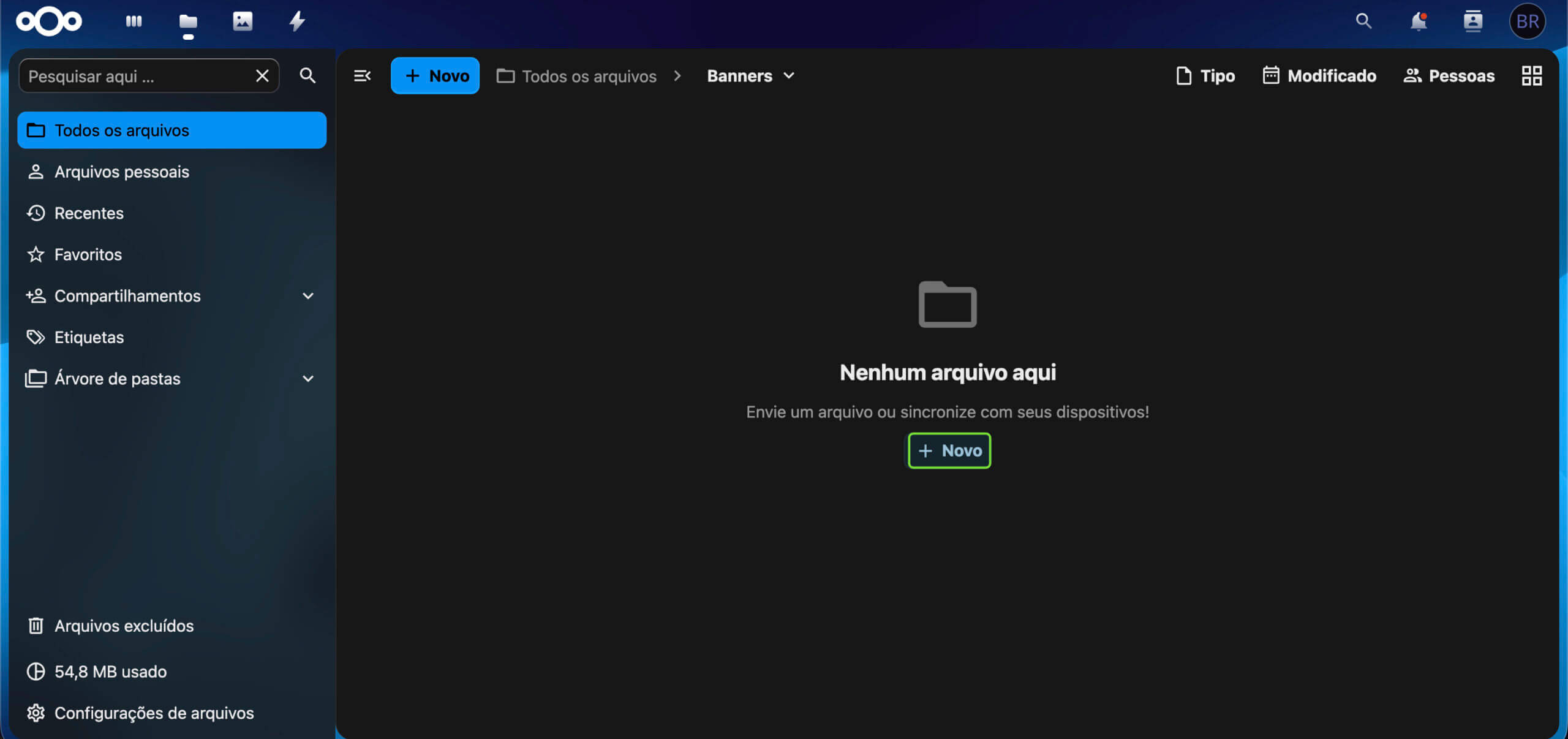 Representação da localização do botão "+ Novo" dentro da nova pasta