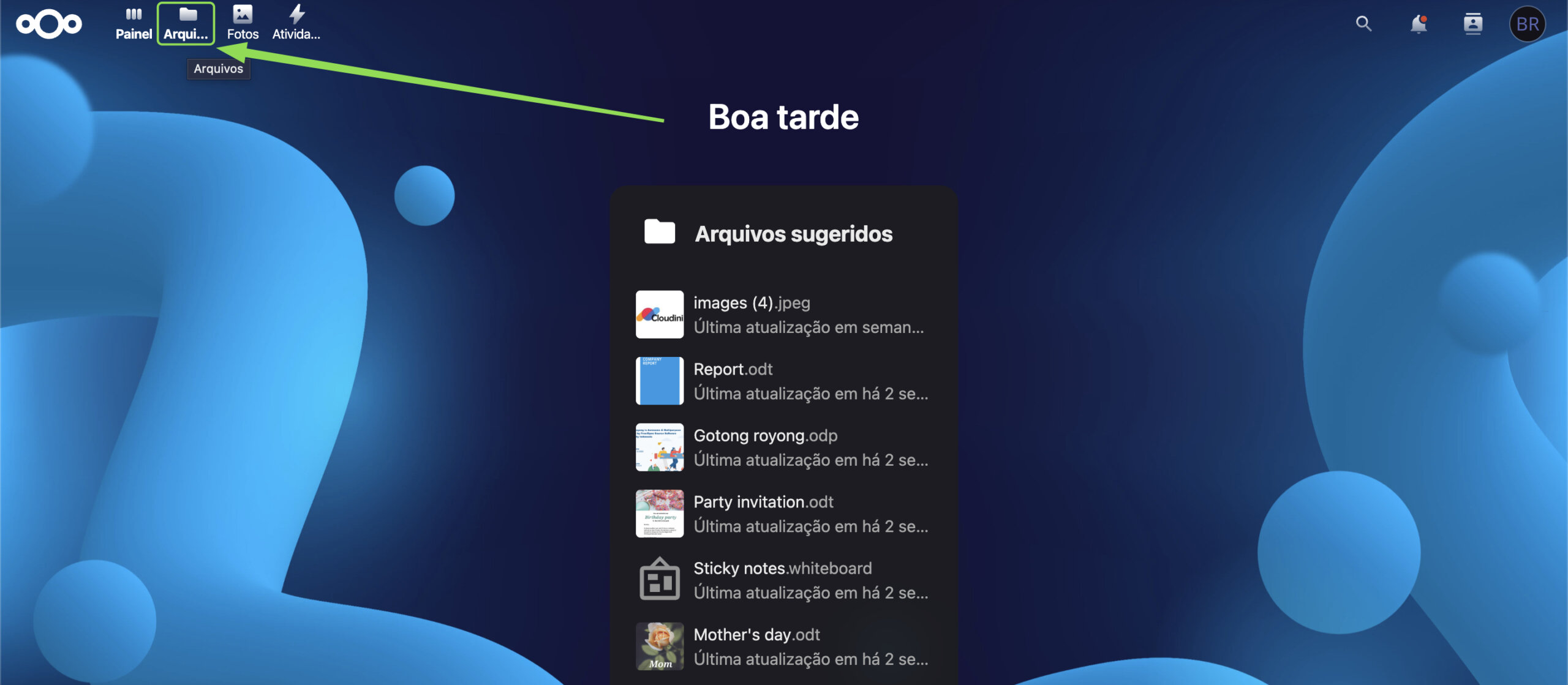 Representação da localização da opção "Arquivos"